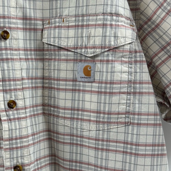 Carhartt Relaxed Fit Beige Striped Plaid Button Down Short Sleeve Shirt, Size XL - Picture 4 of 10